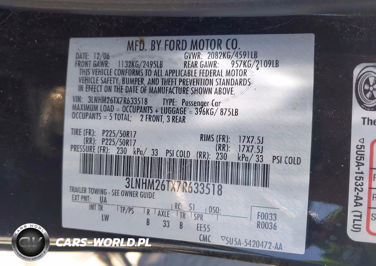 2007 Lincoln Mkz VIN:3LNHM26TX7R633518 - 9