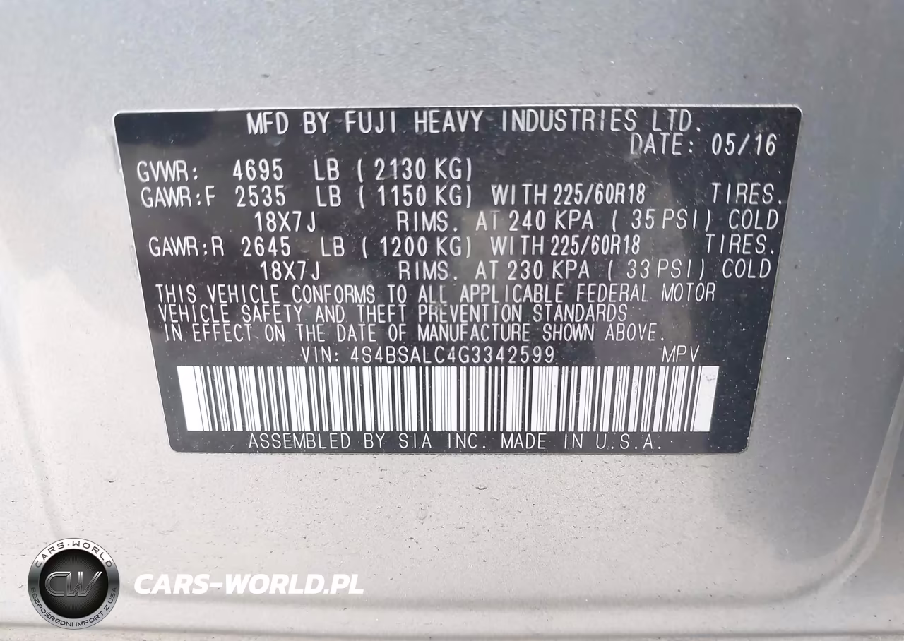 2016 Subaru Outback 2.5I Limited VIN:4S4BSALC4G3342599 - 9