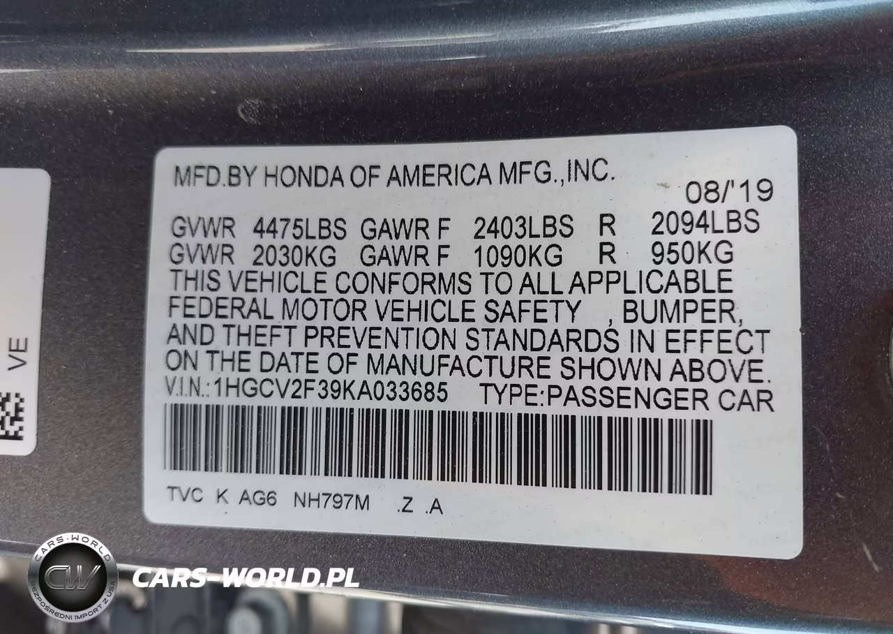 2019 Honda Accord Sport 2.0T VIN:1HGCV2F39KA033685 - 9