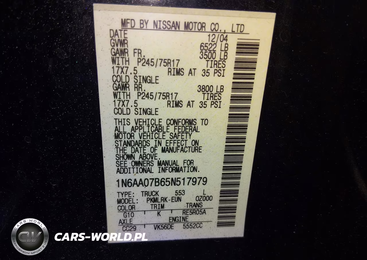 2005 Nissan Titan Xe VIN:1N6AA07B65N517979 - 9