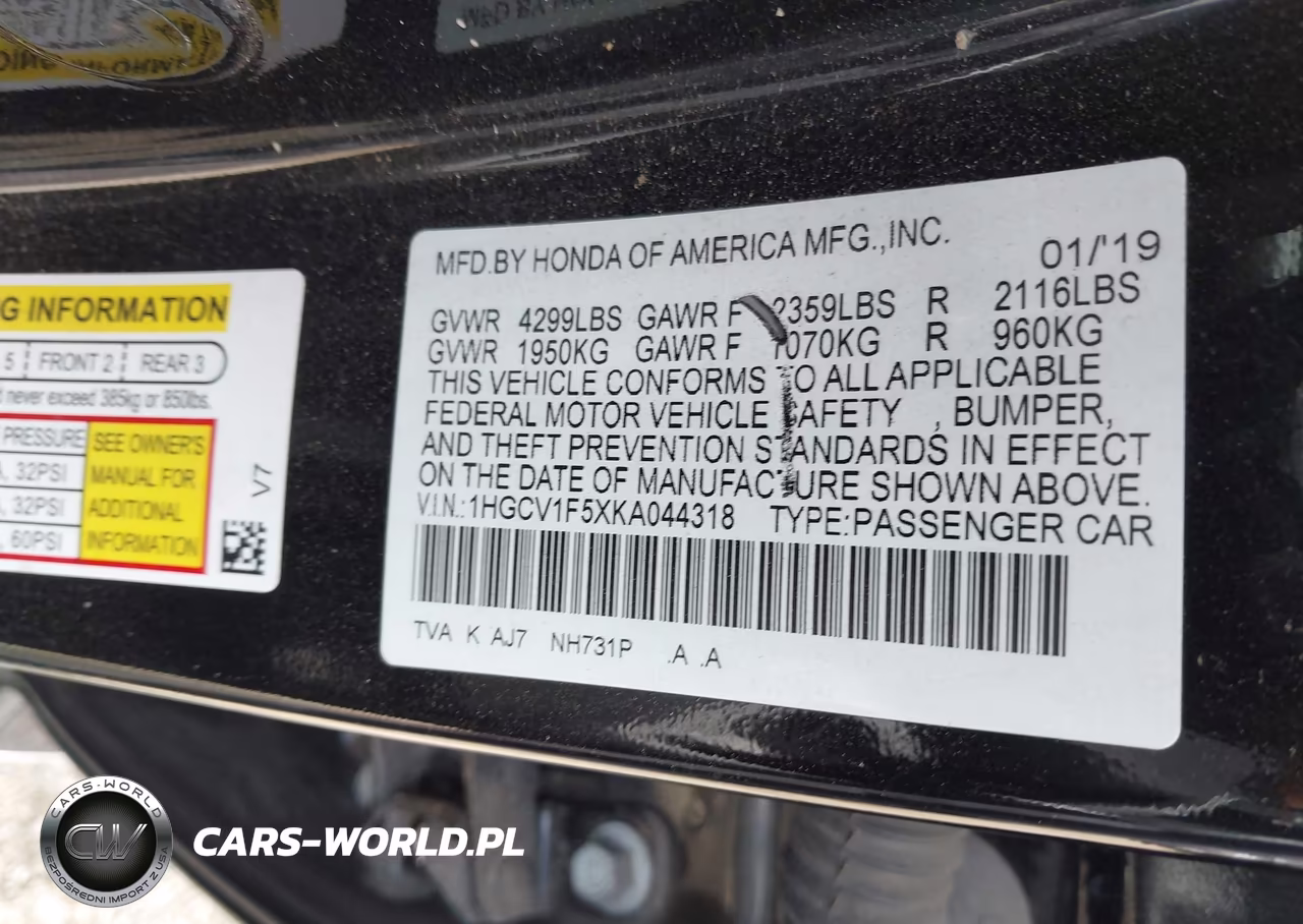 2019 Honda Accord Ex-L 1.5T VIN:1HGCV1F5XKA044318 - 9