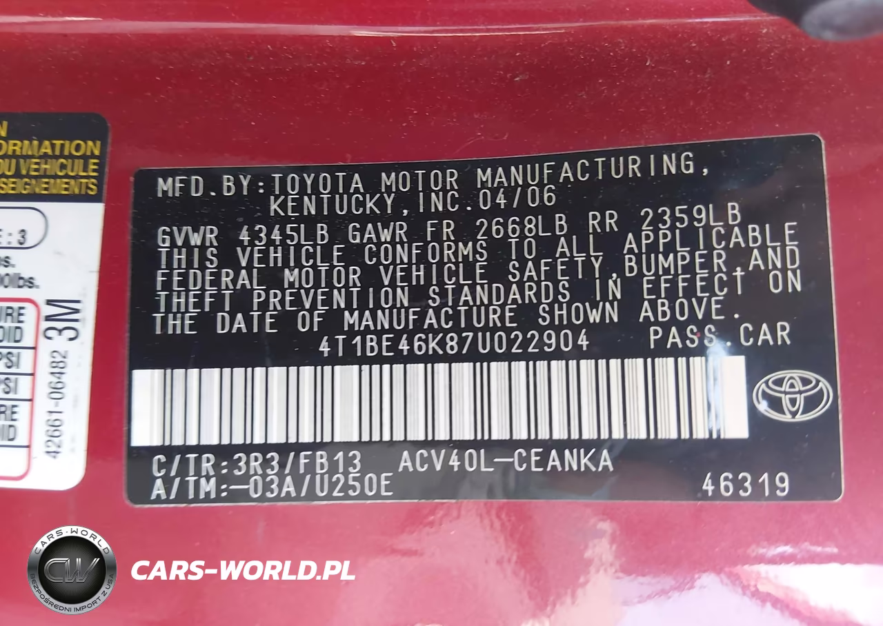 2007 Toyota Camry Le VIN:4T1BE46K87U022904 - 9