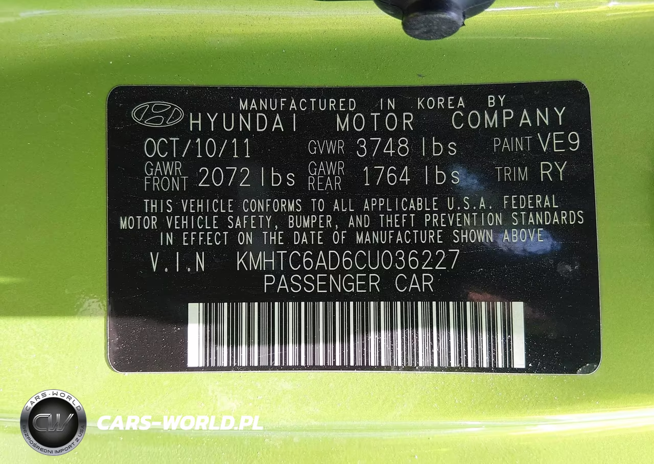 2012 Hyundai Veloster Base W-Black VIN:KMHTC6AD6CU036227 - 9