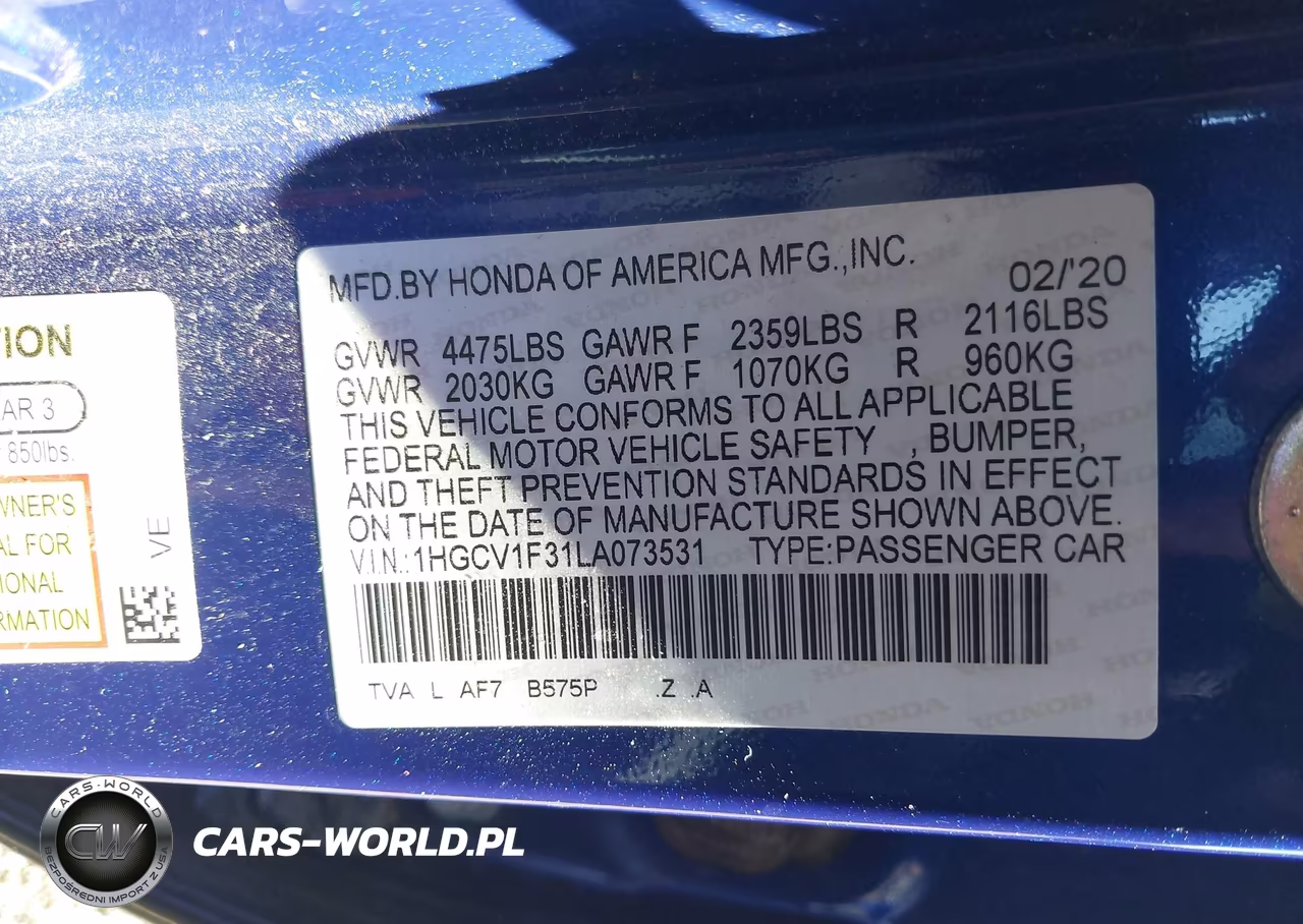 2020 Honda Accord Sport VIN:1HGCV1F31LA073531 - 9