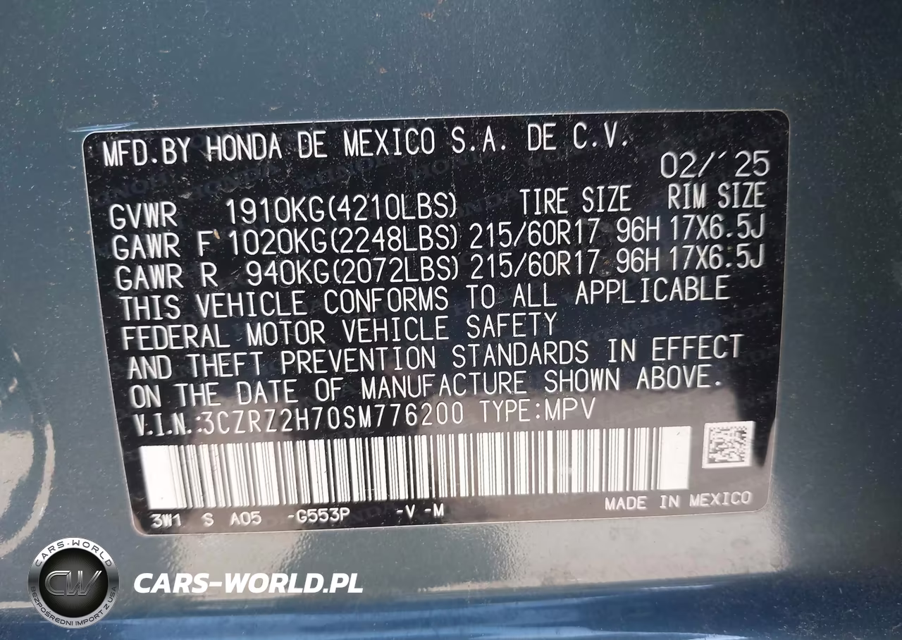 2025 Honda Hr-V Awd Ex-L VIN:3CZRZ2H70SM776200 - 9