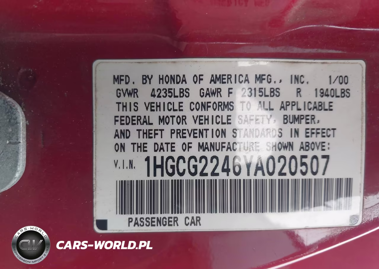 2000 Honda Accord 3.0 Lx VIN:1HGCG2246YA020507 - 9