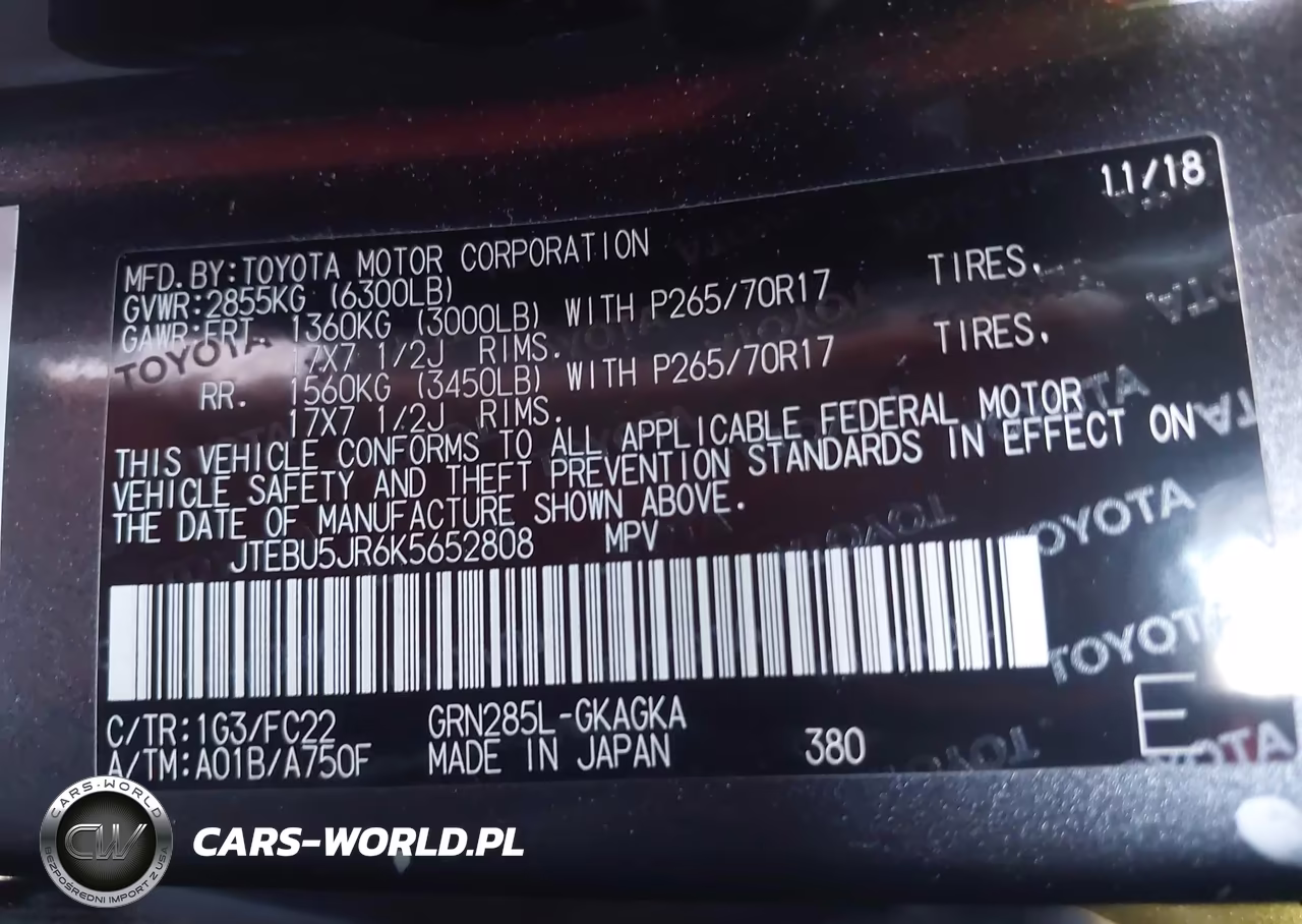 2019 Toyota 4Runner Trd Off Road VIN:JTEBU5JR6K5652808 - 9