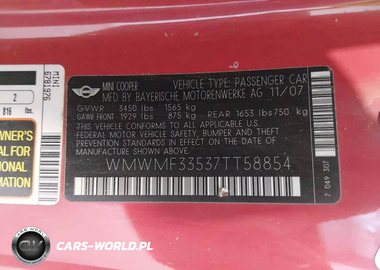 2007 Mini Cooper VIN:WMWMF33537TT58854 - 9
