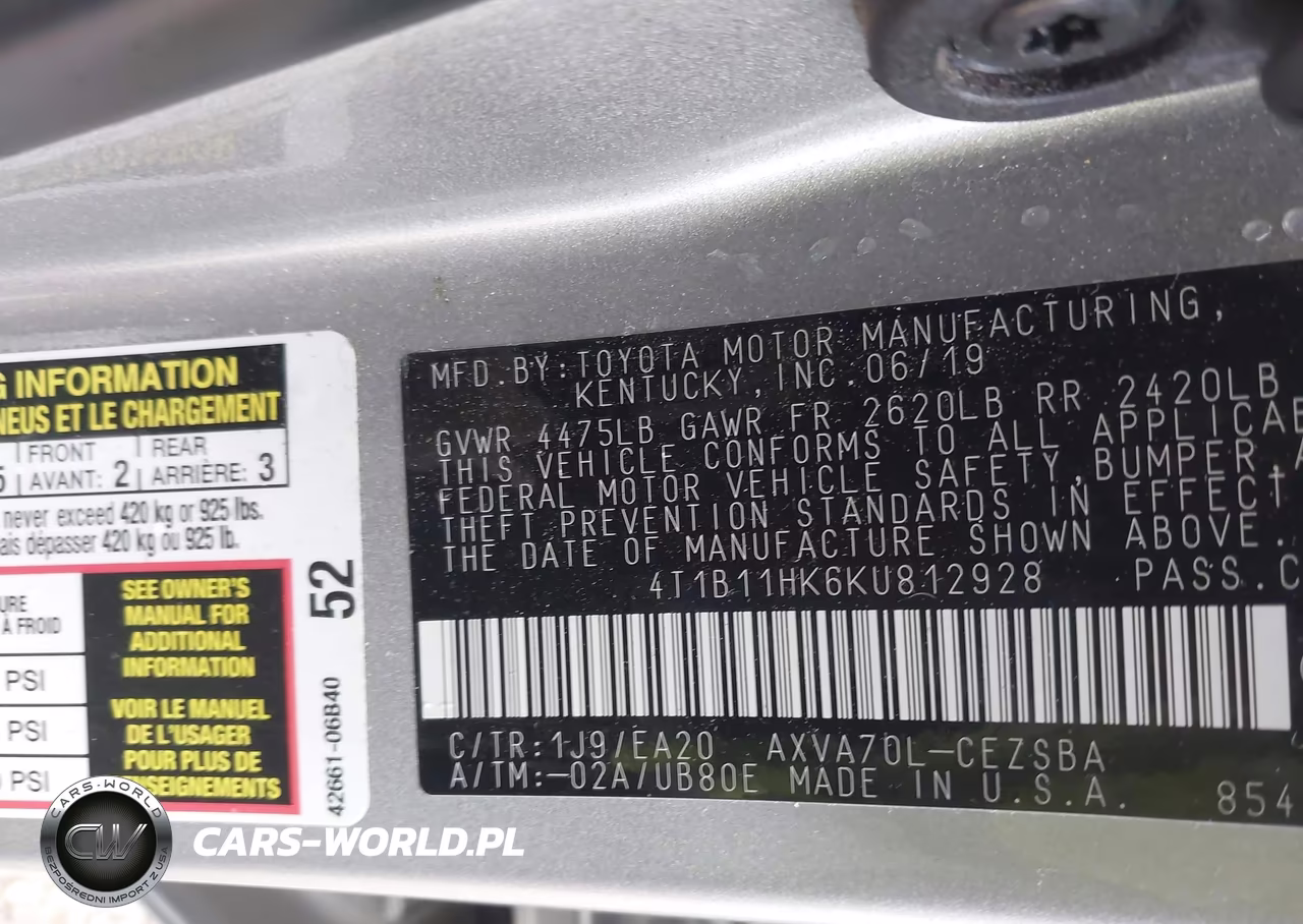 2019 Toyota Camry Se VIN:4T1B11HK6KU812928 - 9