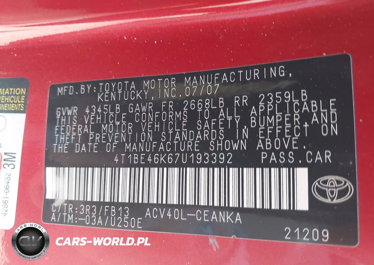 2007 Toyota Camry Le VIN:4T1BE46K67U193392 - 9