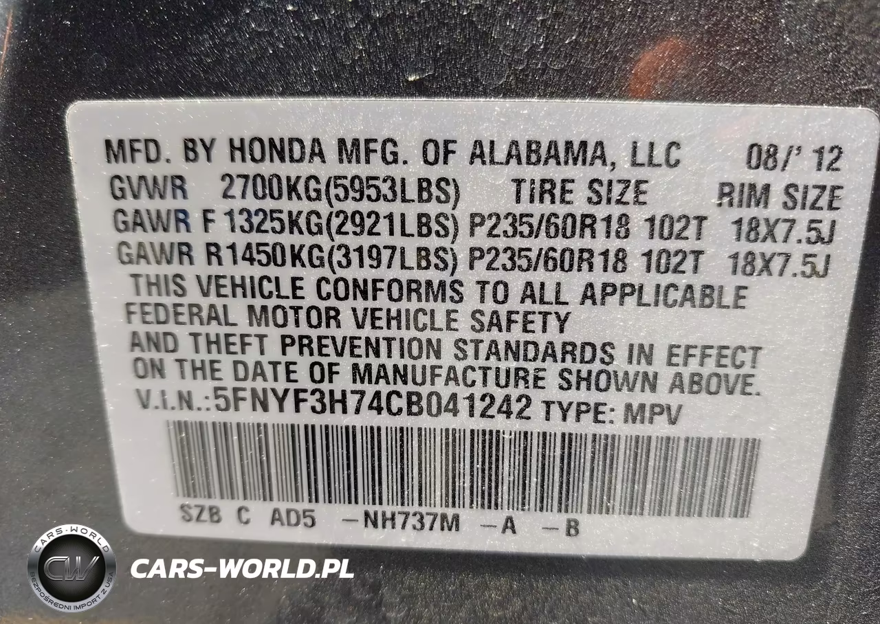 2012 Honda Pilot Ex-L VIN:5FNYF3H74CB041242 - 9