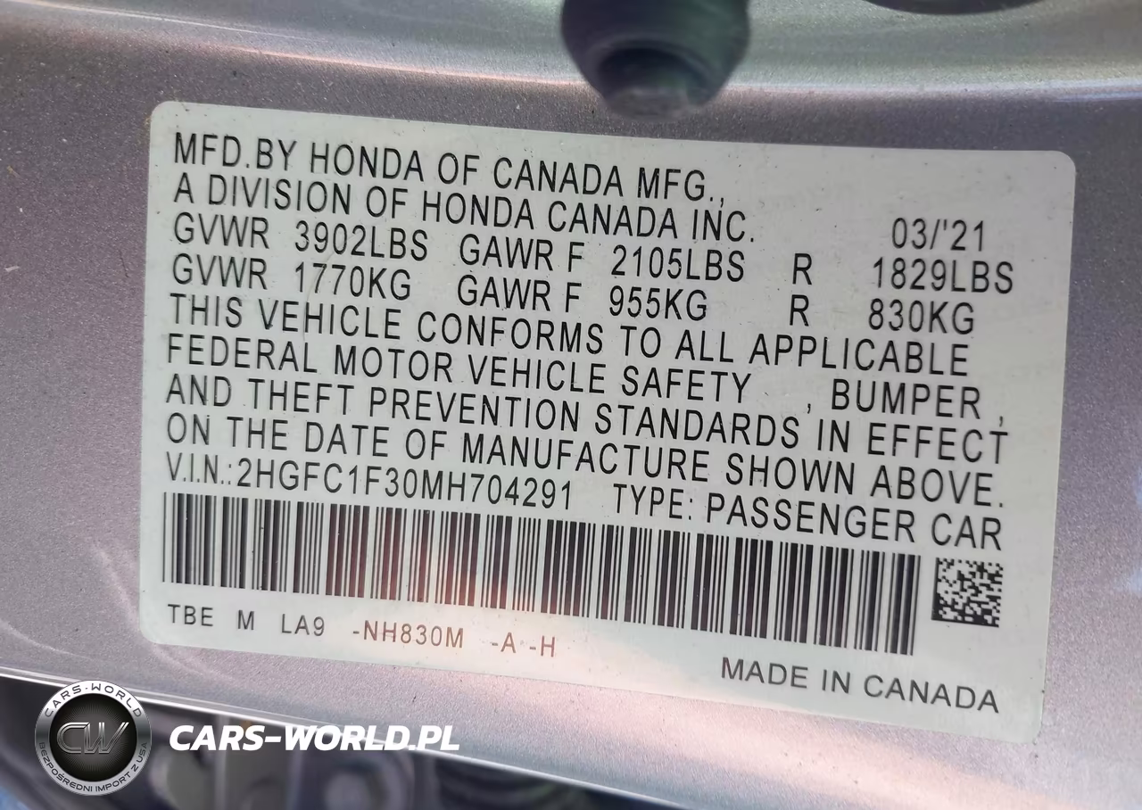 2021 Honda Civic Ex VIN:2HGFC1F30MH704291 - 9