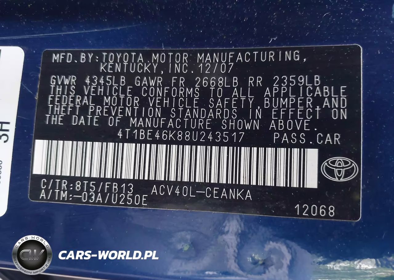 2008 Toyota Camry Le VIN:4T1BE46K88U243517 - 9