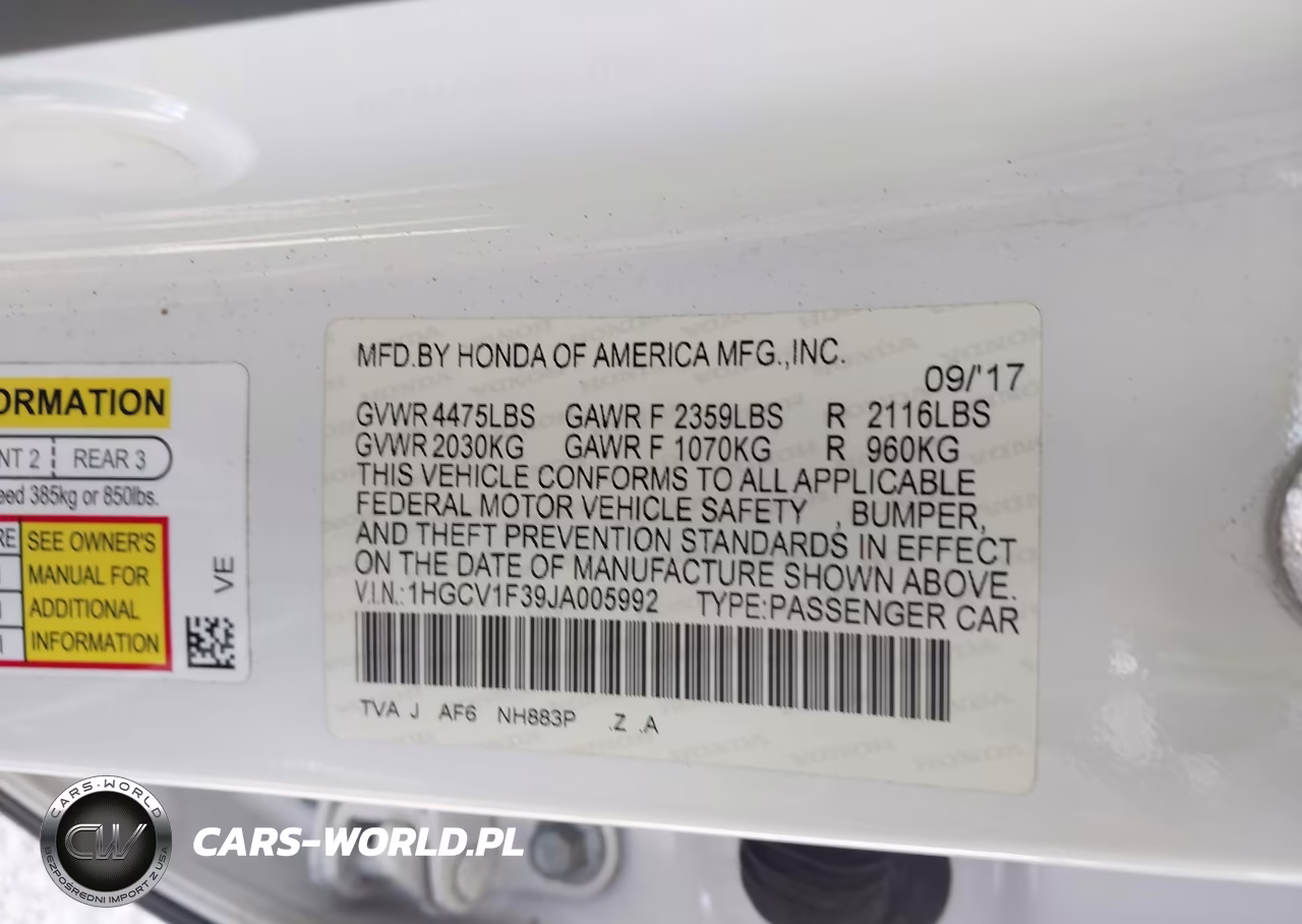 2018 Honda Accord Sport VIN:1HGCV1F39JA005992 - 9