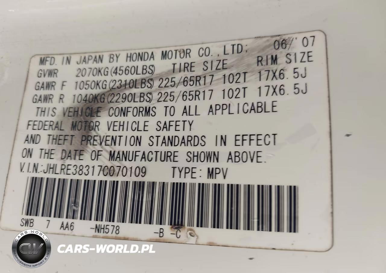 2007 Honda Cr-V Lx VIN:JHLRE38317C070109 - 9