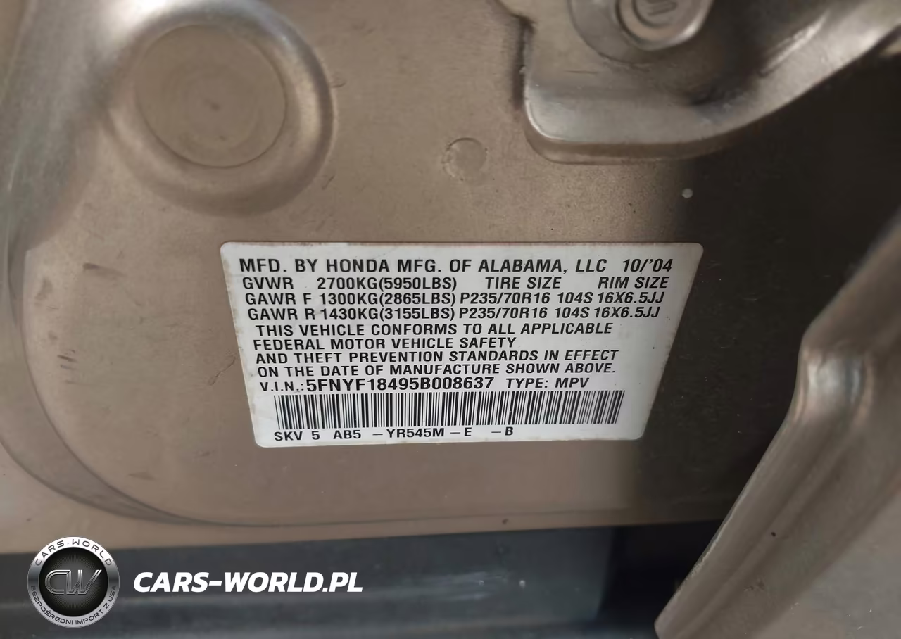 2005 Honda Pilot Ex VIN:5FNYF18495B008637 - 9