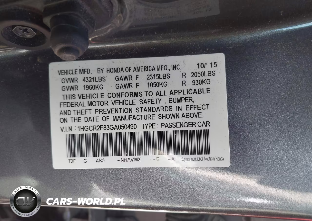 2016 Honda Accord Ex-L VIN:1HGCR2F83GA050490 - 9