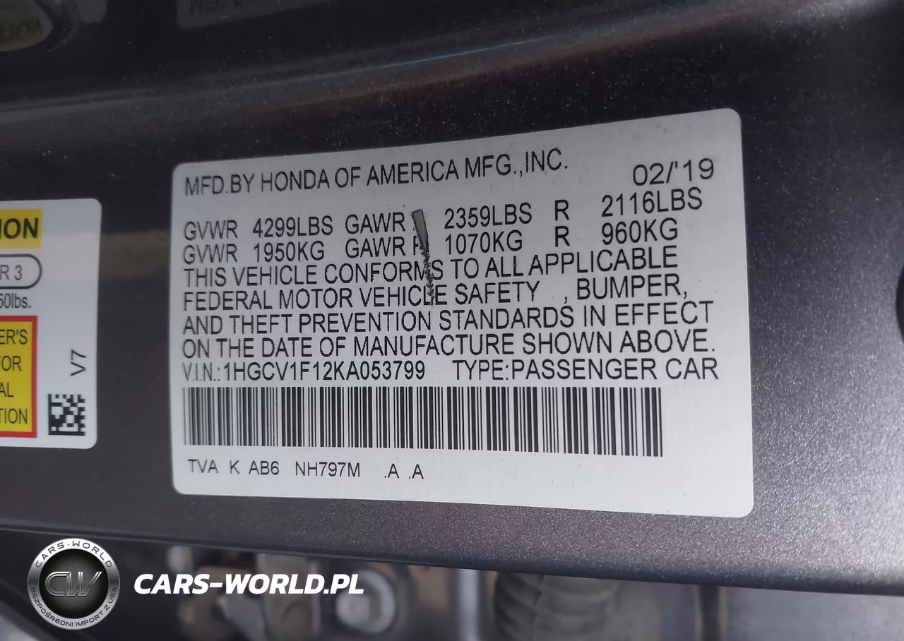 2019 Honda Accord Lx VIN:1HGCV1F12KA053799 - 9