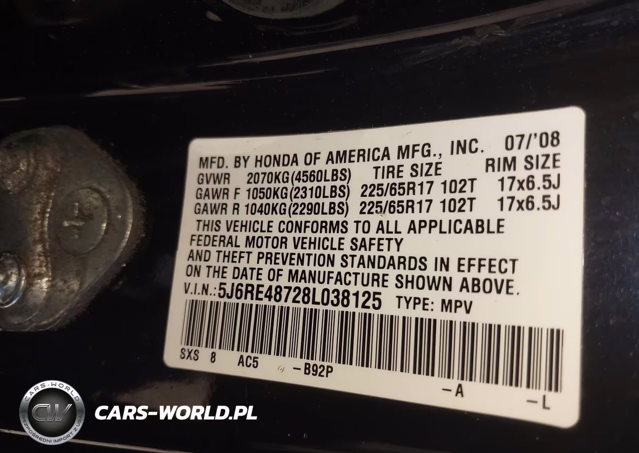 2008 Honda Cr-V Ex-L VIN:5J6RE48728L038125 - 9