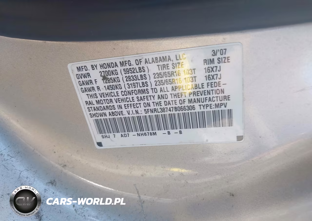 2007 Honda Odyssey Ex-L VIN:5FNRL38747B066306 - 9