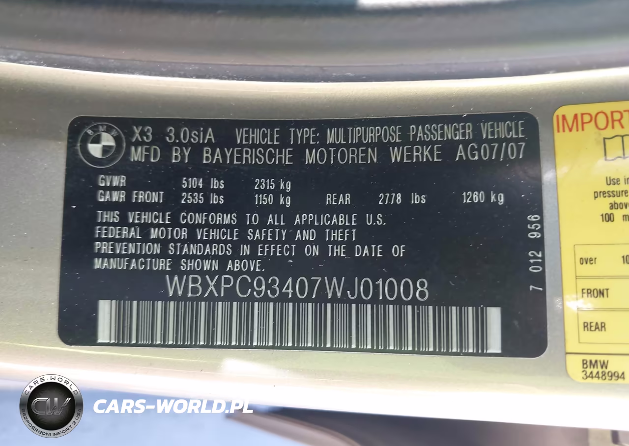 2007 BMW X3 3.0Si VIN:WBXPC93407WJ01008 - 9