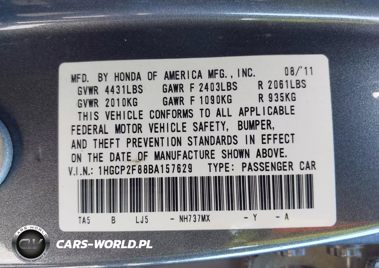 2011 Honda Accord 2.4 Ex-L VIN:1HGCP2F88BA157629 - 9