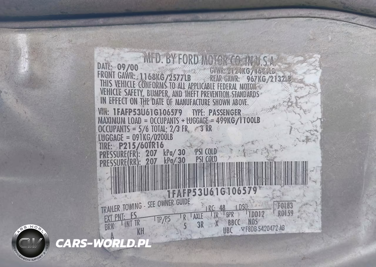 2001 Ford Taurus Se VIN:1FAFP53U61G106579 - 9