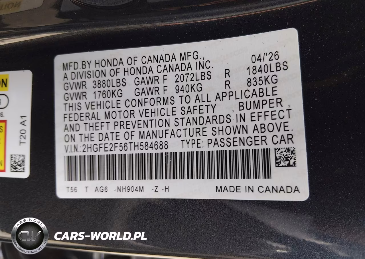 2026 Honda Civic Sport VIN:2HGFE2F56TH584688 - 9