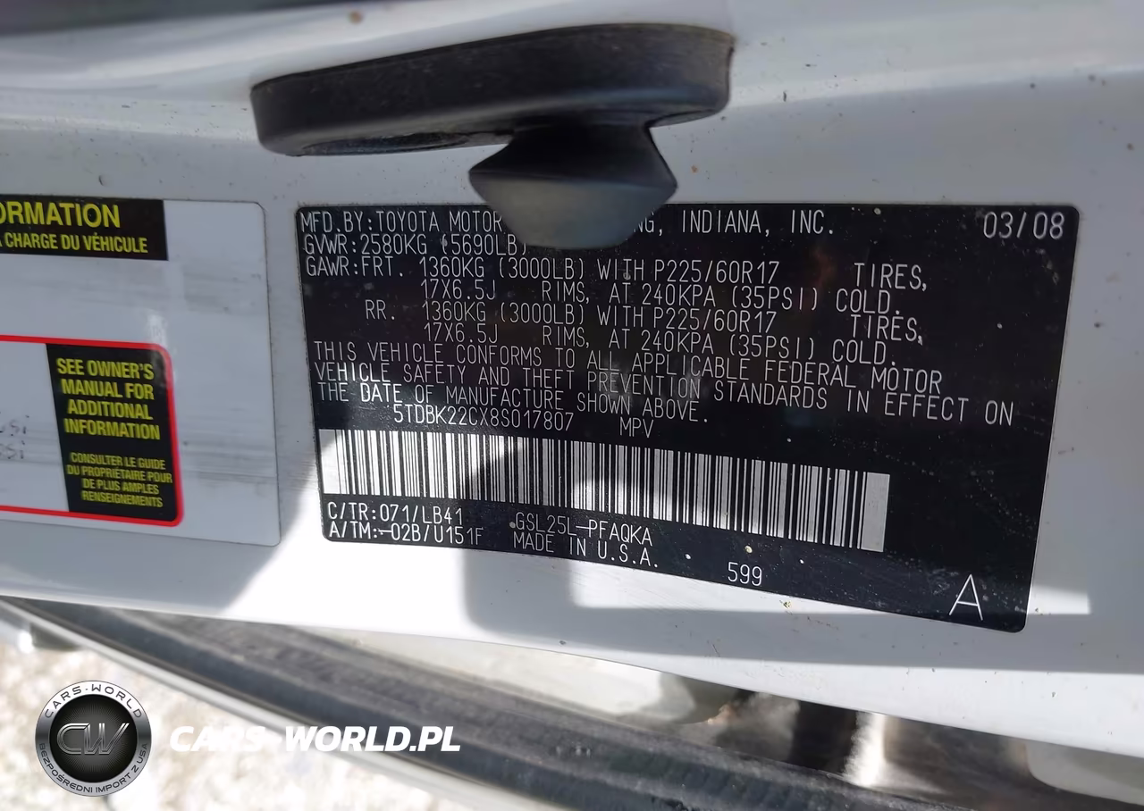 2008 Toyota Sienna Limited VIN:5TDBK22CX8S017807 - 9