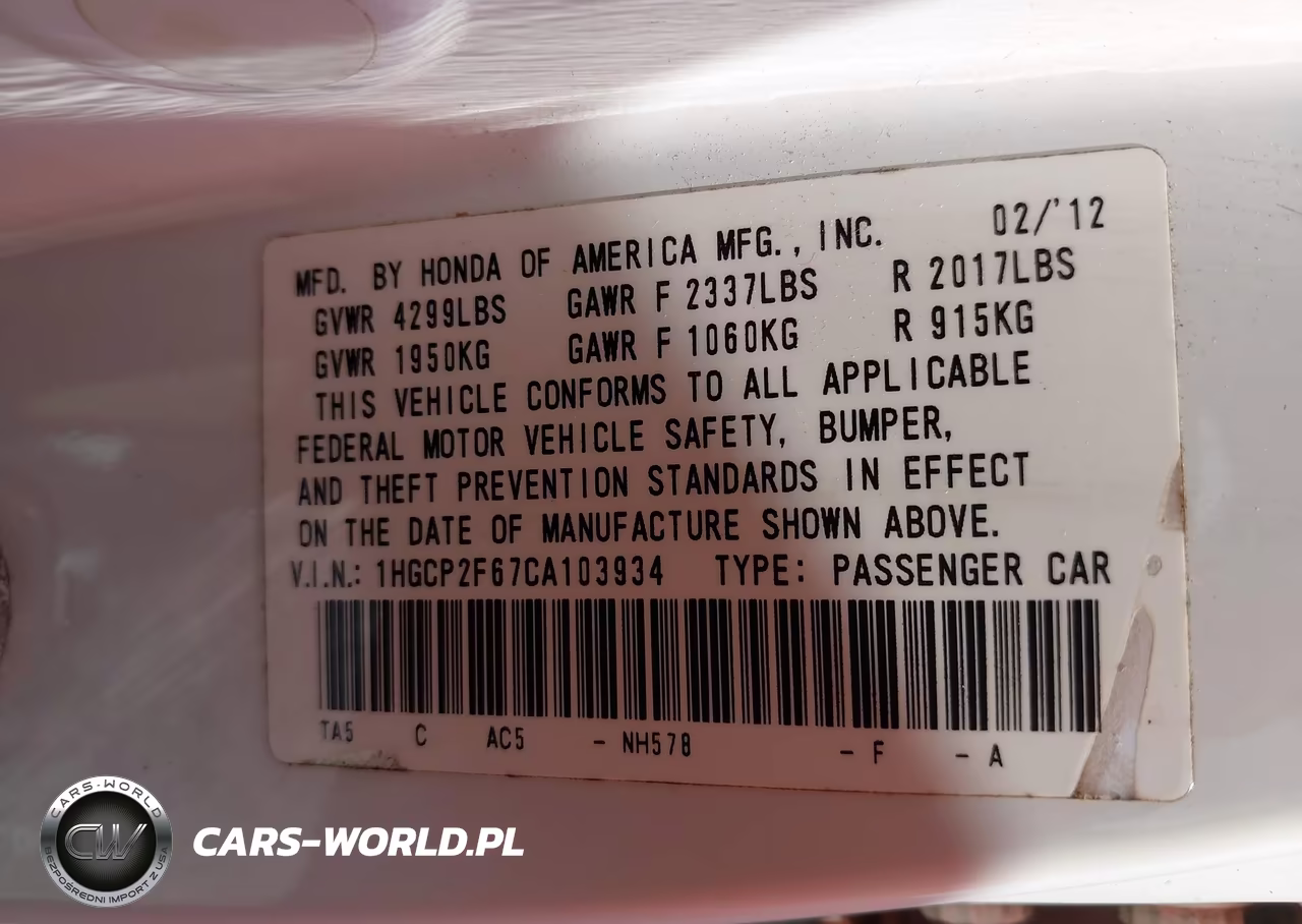2012 Honda Accord 2.4 Se VIN:1HGCP2F67CA103934 - 9