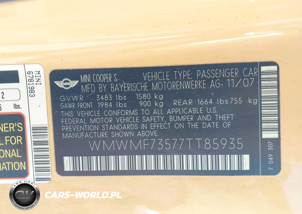 2007 Mini Cooper S VIN:WMWMF73577TT85935 - 9