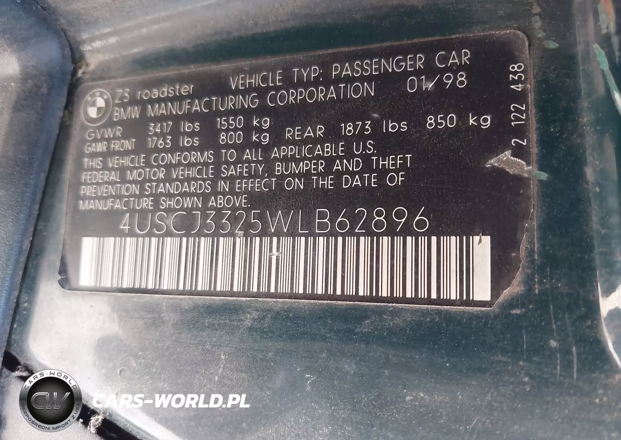 1998 BMW Z3 2.8 VIN:4USCJ3325WLB62896 - 9