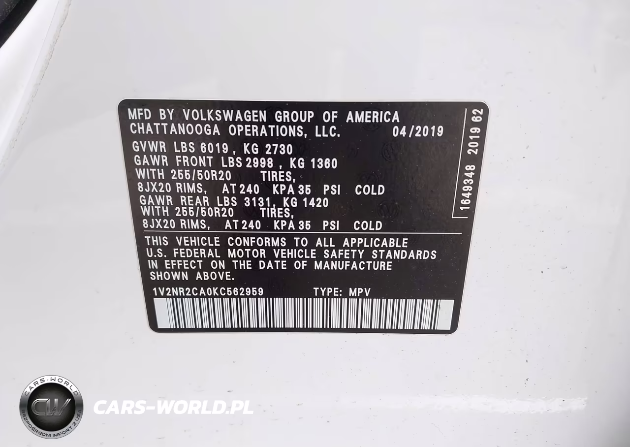 2019 Volkswagen Atlas 3.6L V6 Sel Premium VIN:1V2NR2CA0KC562959 - 9