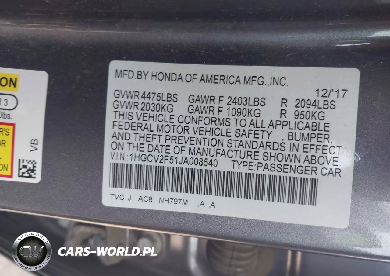 2018 Honda Accord Ex-L 2.0T VIN:1HGCV2F51JA008540 - 9