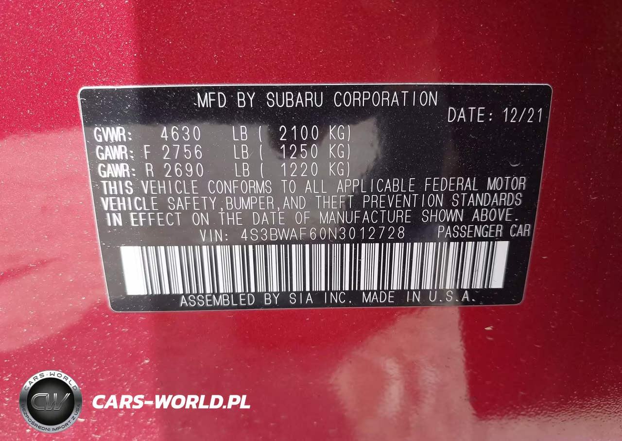 2022 Subaru Legacy Premium VIN:4S3BWAF60N3012728 - 9