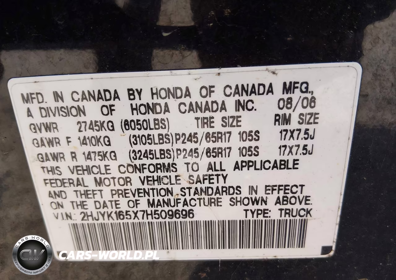 2007 Honda Ridgeline Rtl VIN:2HJYK165X7H509696 - 9