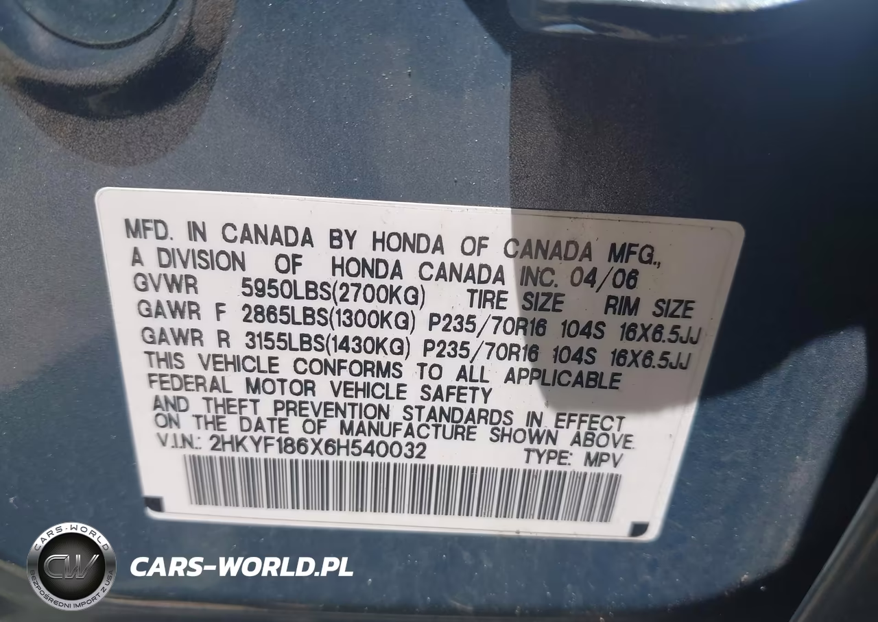 2006 Honda Pilot Ex VIN:2HKYF186X6H540032 - 9