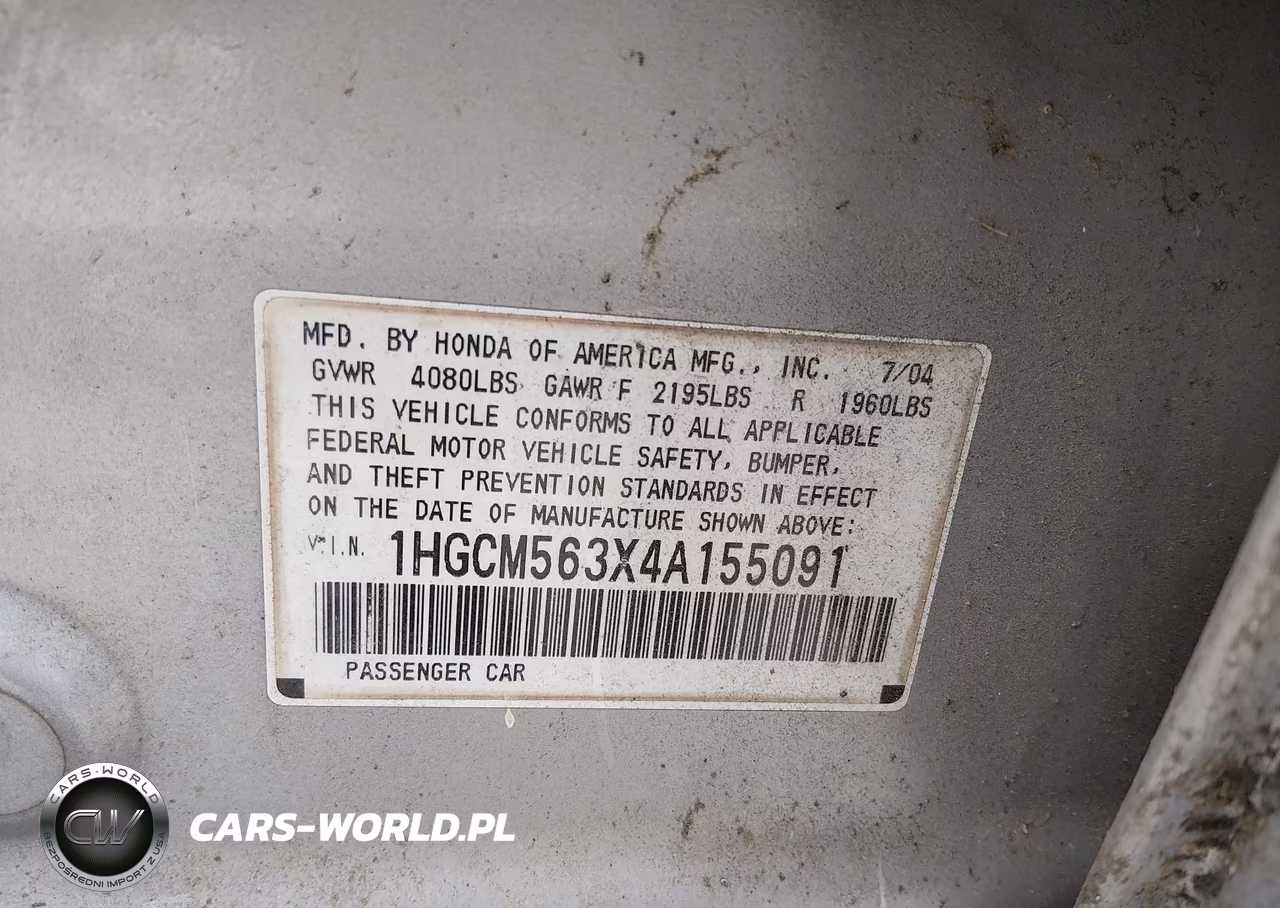 2004 Honda Accord 2.4 Lx VIN:1HGCM563X4A155091 - 9