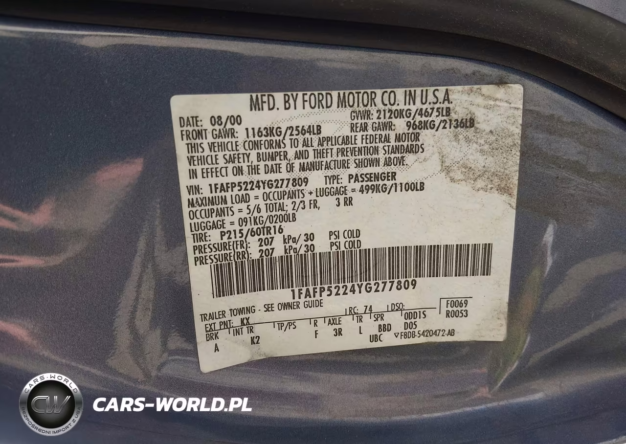 2000 Ford Taurus Lx VIN:1FAFP5224YG277809 - 9