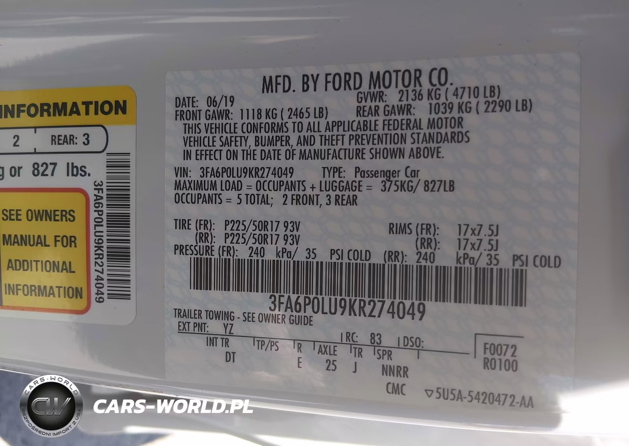 2019 Ford Fusion Hybrid Se VIN:3FA6P0LU9KR274049 - 9