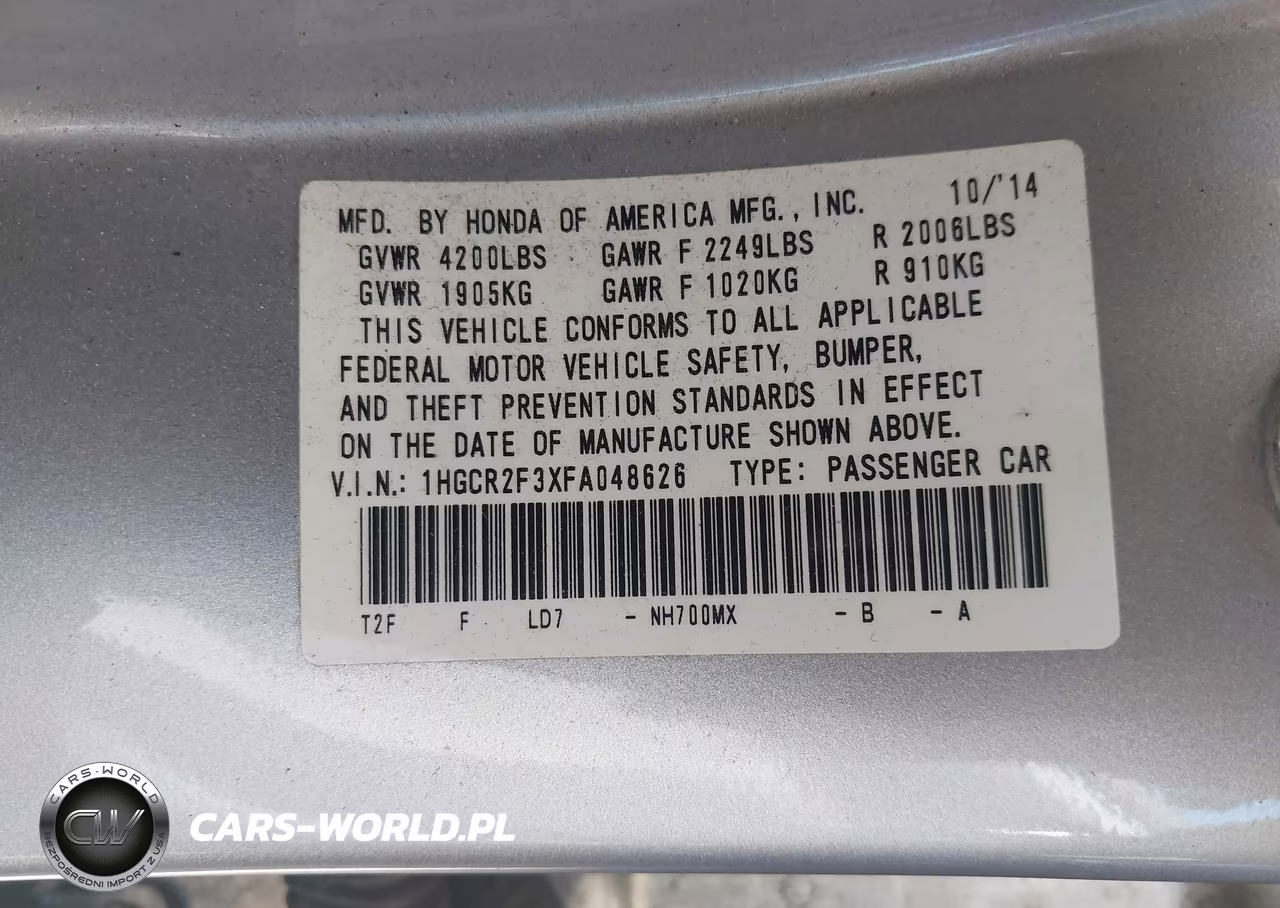 2015 Honda Accord Lx VIN:1HGCR2F3XFA048626 - 9