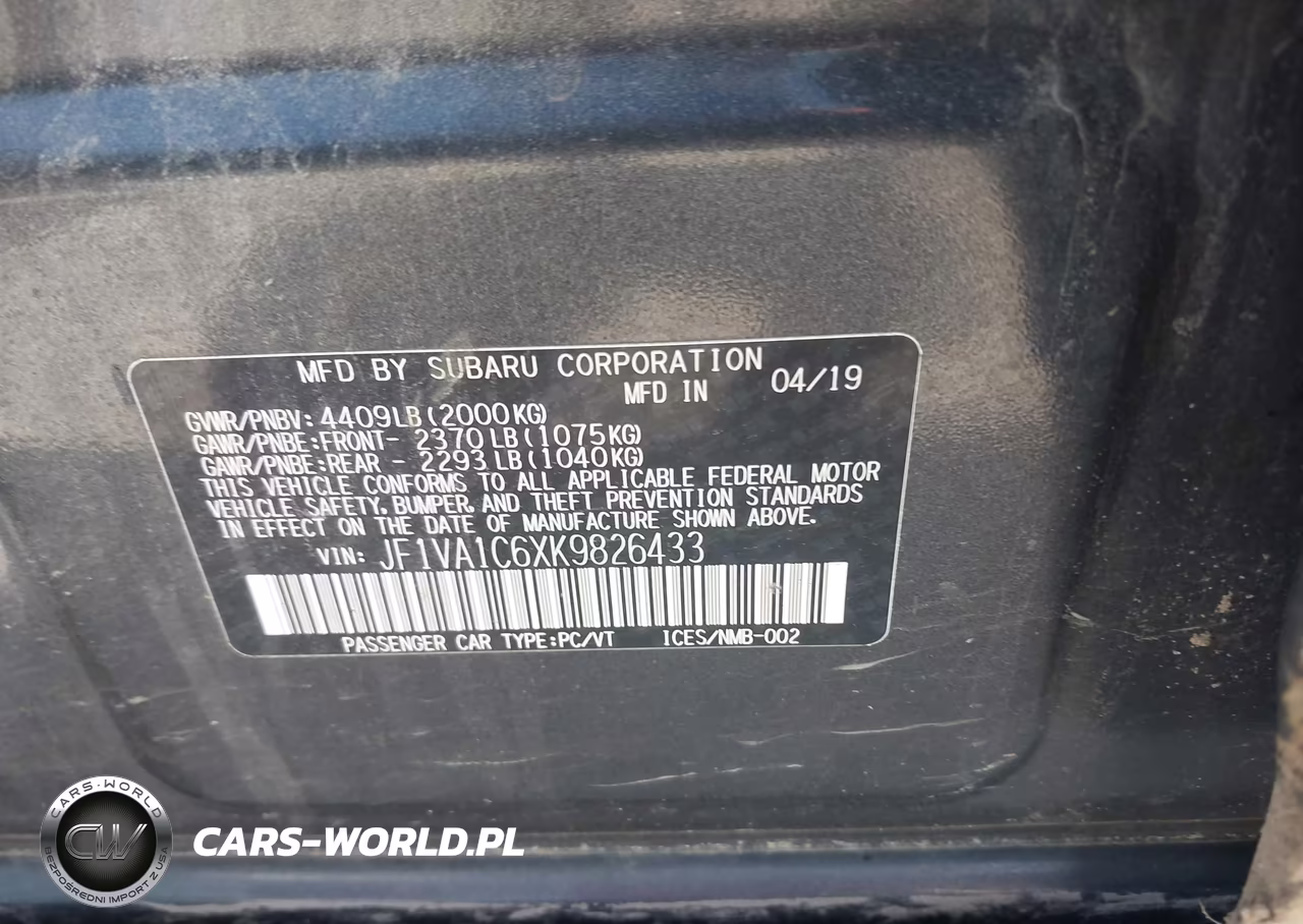 2019 Subaru Wrx Premium VIN:JF1VA1C6XK9826433 - 9