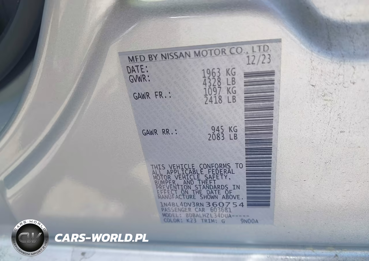 2024 Nissan Altima Sv Fwd VIN:1N4BL4DV3RN360754 - 9