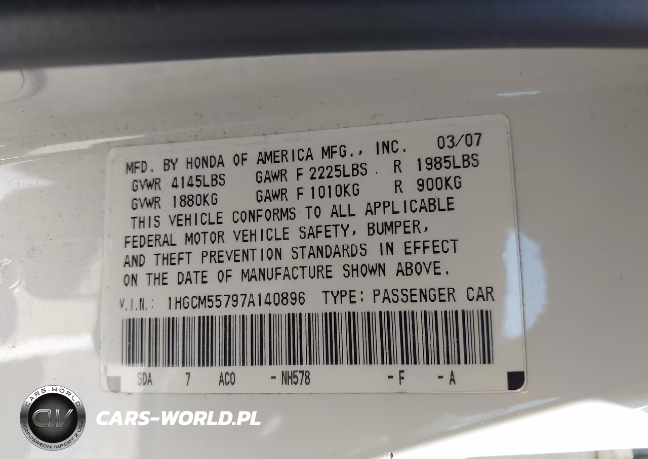 2007 Honda Accord 2.4 Ex VIN:1HGCM55797A140896 - 9