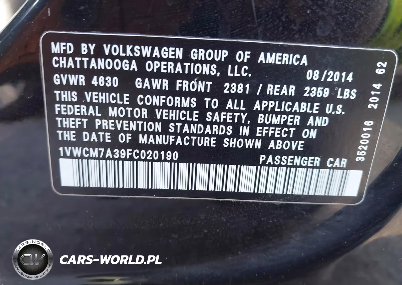 2015 Volkswagen Passat 3.6L V6 Sel Premium VIN:1VWCM7A39FC020190 - 9