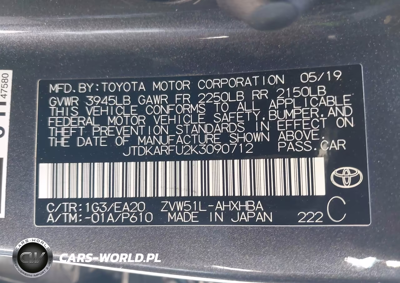 2019 Toyota Prius Xle VIN:JTDKARFU2K3090712 - 9