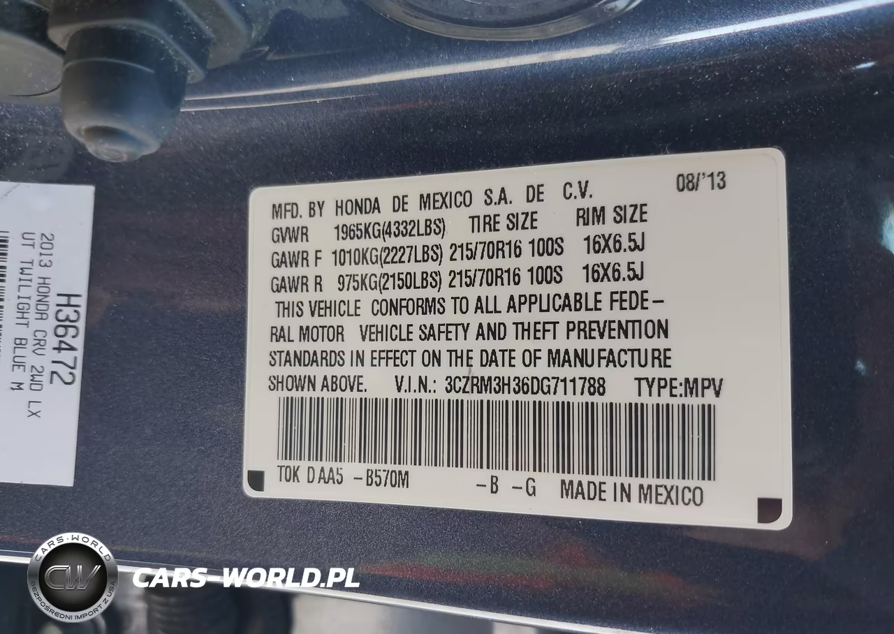 2013 Honda Cr-V Lx VIN:3CZRM3H36DG711788 - 9