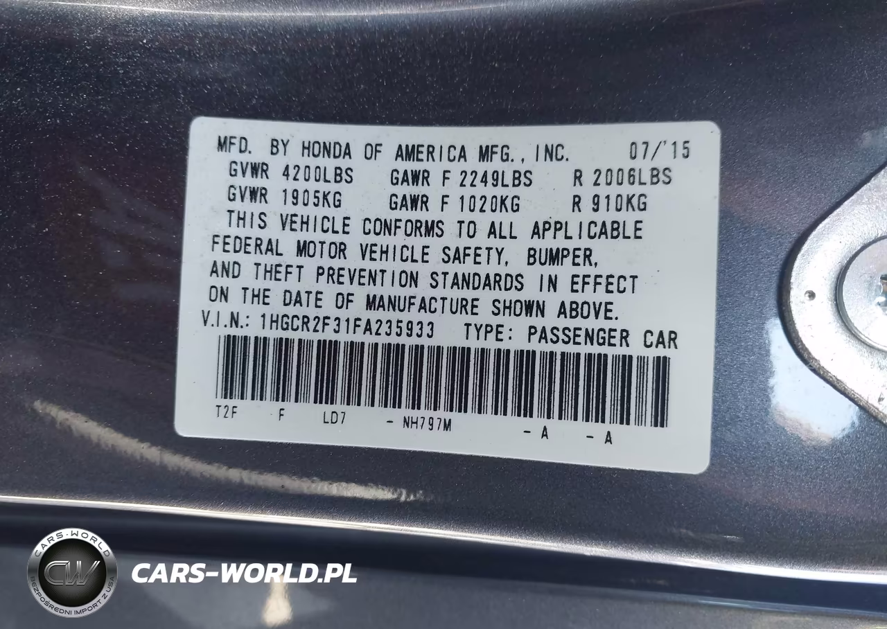 2015 Honda Accord Lx VIN:1HGCR2F31FA235933 - 9