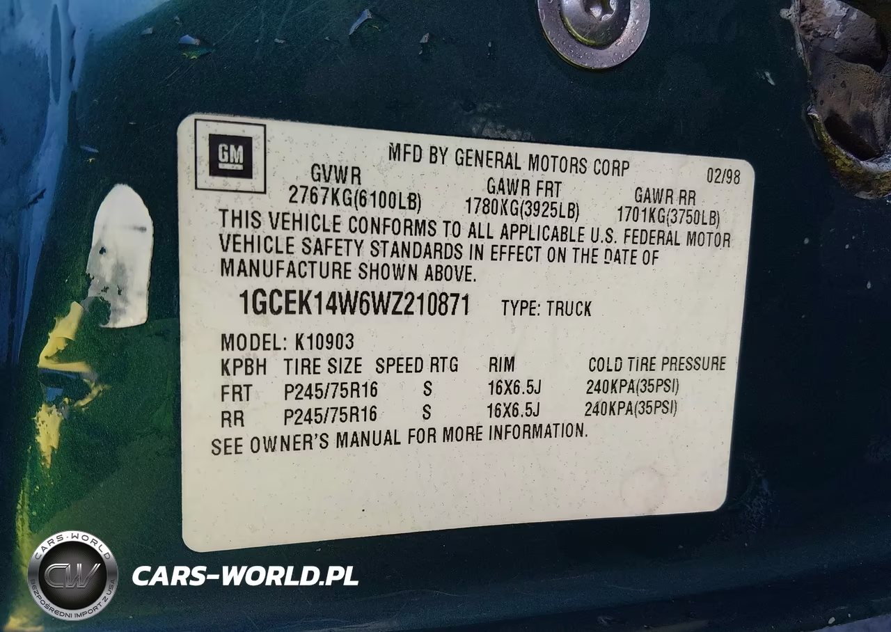 1998 Chevrolet K1500 Fleetside W-T VIN:1GCEK14W6WZ210871 - 9