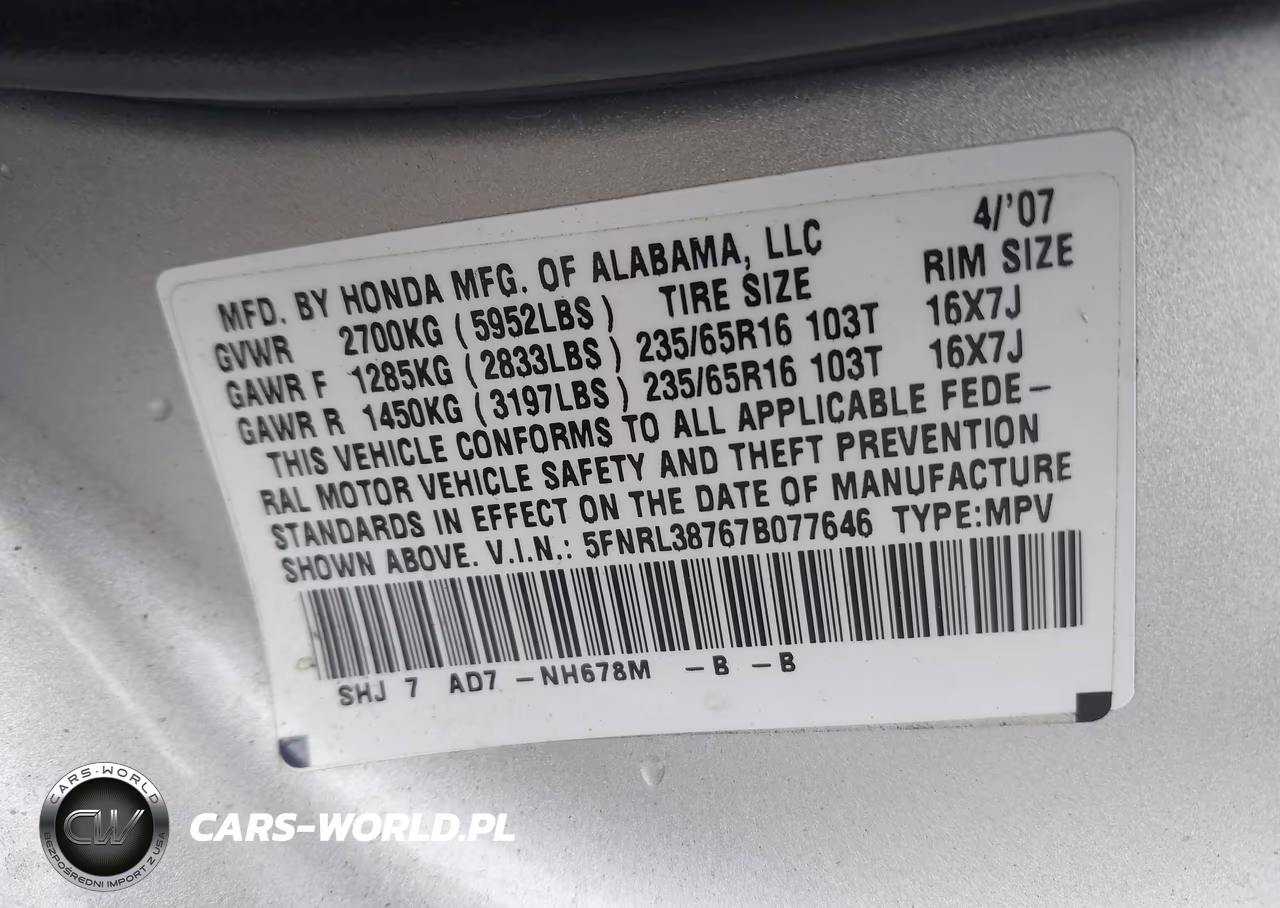 2007 Honda Odyssey Ex-L VIN:5FNRL38767B077646 - 9